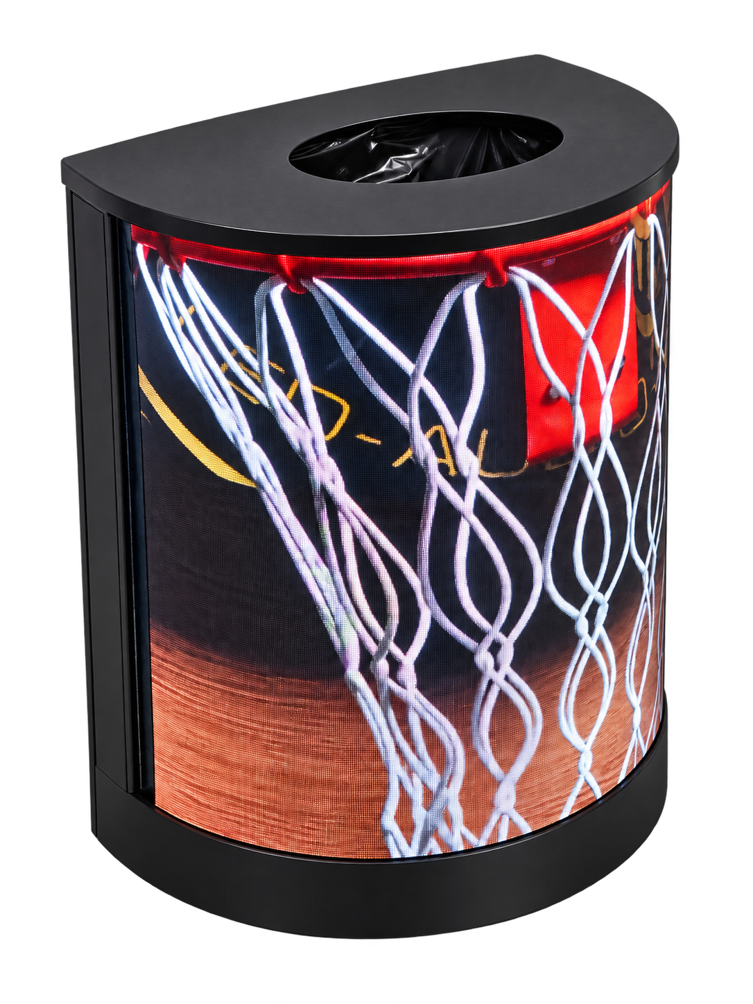 Ad-Can curved LED advertising receptacle showing basketball video imagery